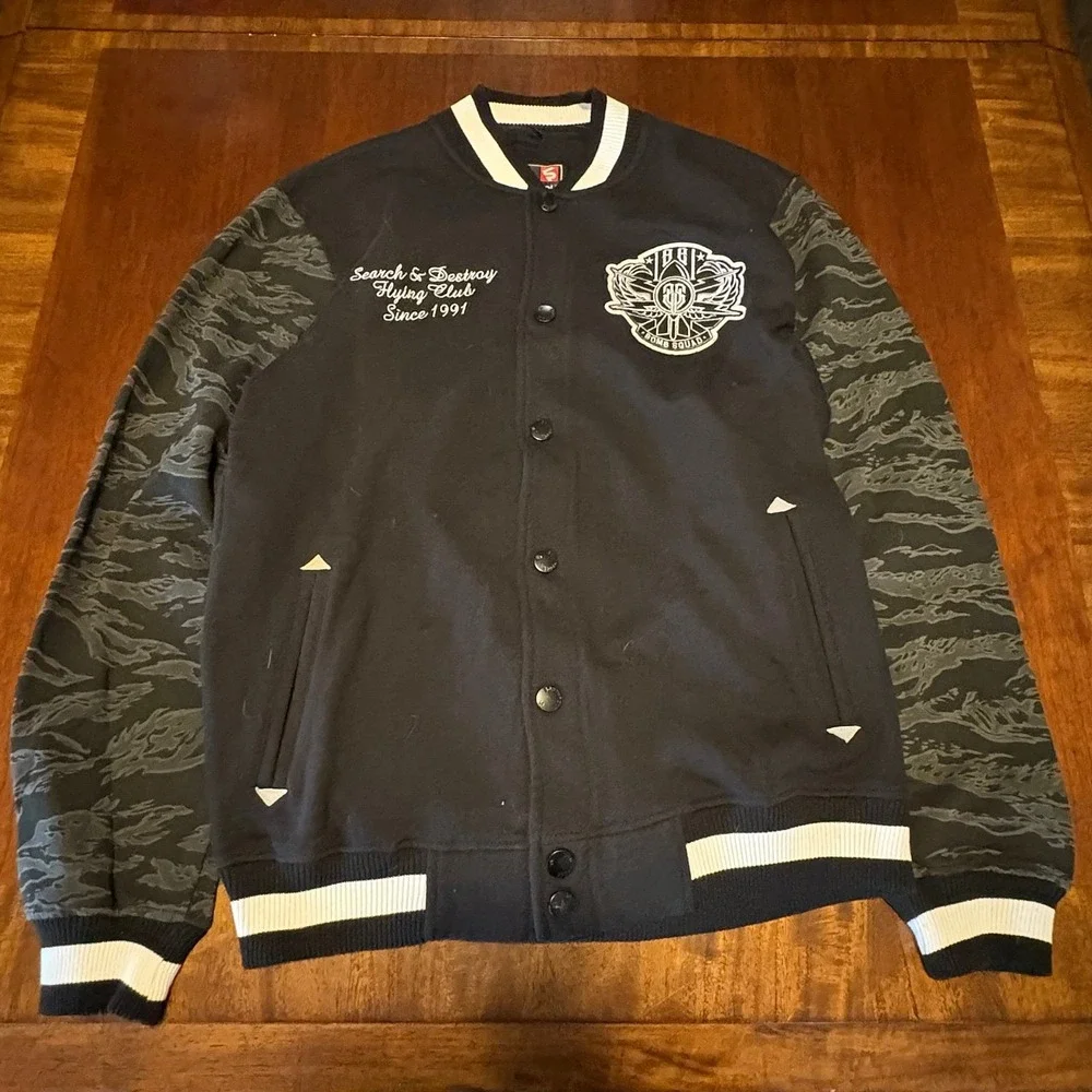 Southpole Varsity Jacket Black Camo Sleeve Button Up Streetwear XL‎